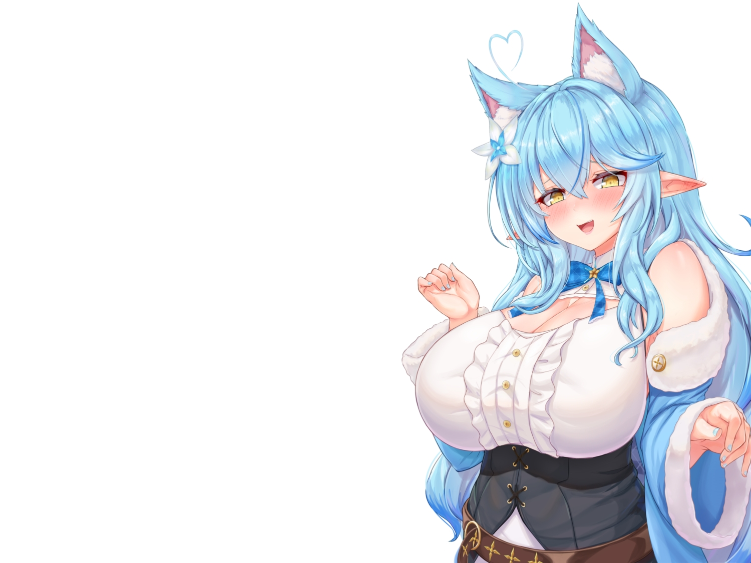 animal_ears, aqua_hair, blush, bow, breasts, cleavage, corset, hololive, jefflink, long_hair, pointed_ears, white, yellow_eyes, yukihana_lamy