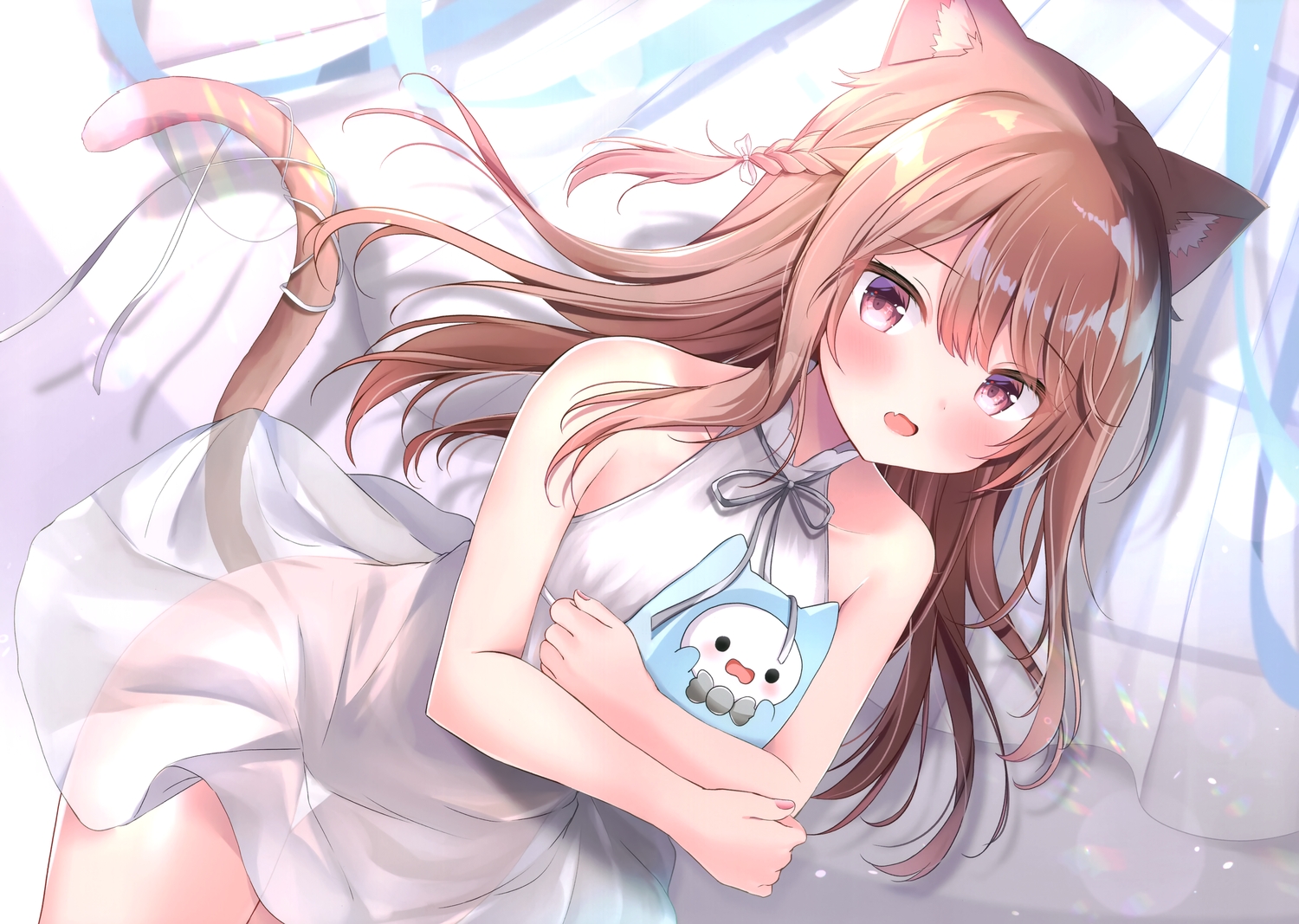 animal_ears, blush, braids, brown_hair, catgirl, dress, masayo_(gin_no_ame), original
