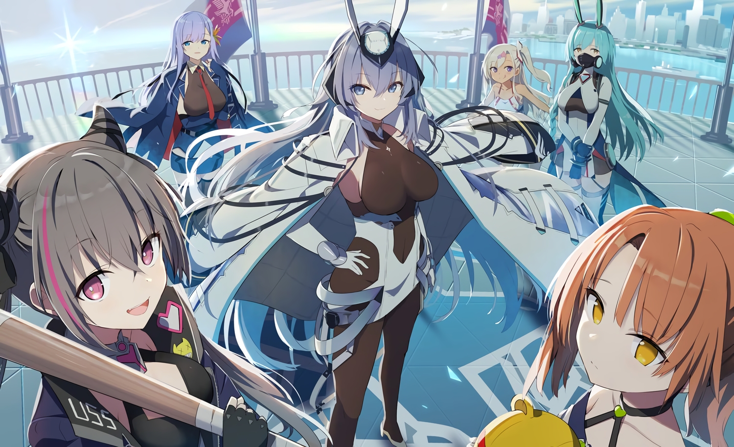 animal_ears, anthropomorphism, aqua_eyes, aqua_hair, archerfish_(azur_lane), azur_lane, blue_eyes, blue_hair, boise_(azur_lane), breasts, brown_hair, building, bunny_ears, bunnygirl, cape, city, dark_skin, gloves, gotyou, group, horns, logo, long_hair, mask, morrison_(azur_lane), new_jersey_(azur_lane), orange_hair, purple_eyes, san_francisco_(azur_lane), thighhighs, ticonderoga_(azur_lane), twintails, uniform, waifu2x, water, yellow_eyes