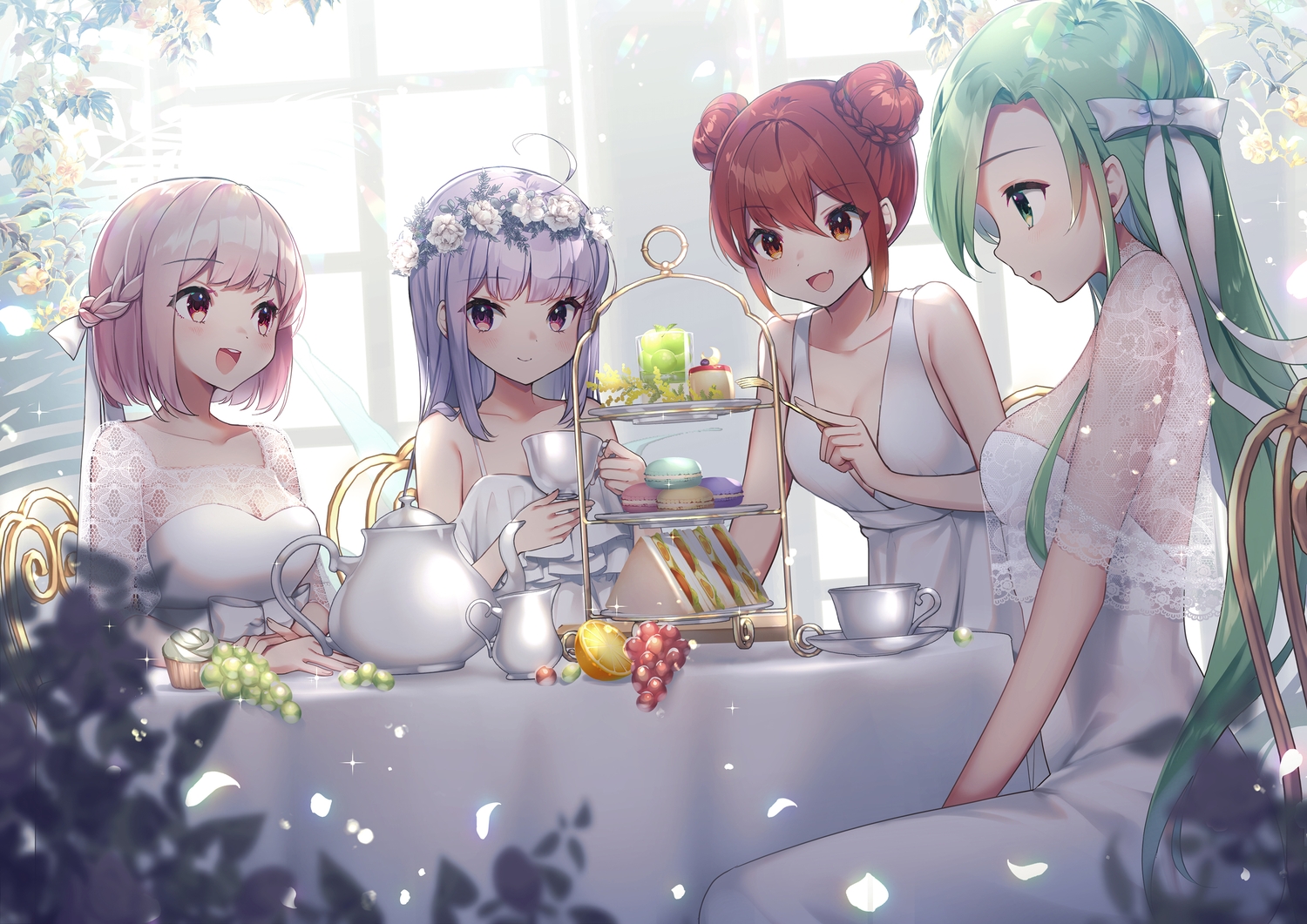 anotherxalice, bow, braids, breasts, brown_eyes, cleavage, dress, drink, flowers, food, fruit, green_eyes, green_hair, group, headdress, long_hair, nyasunyadoora, orange_(fruit), petals, pink_hair, purple_hair, red_eyes, red_hair, ribbons, tagme_(character), twintails