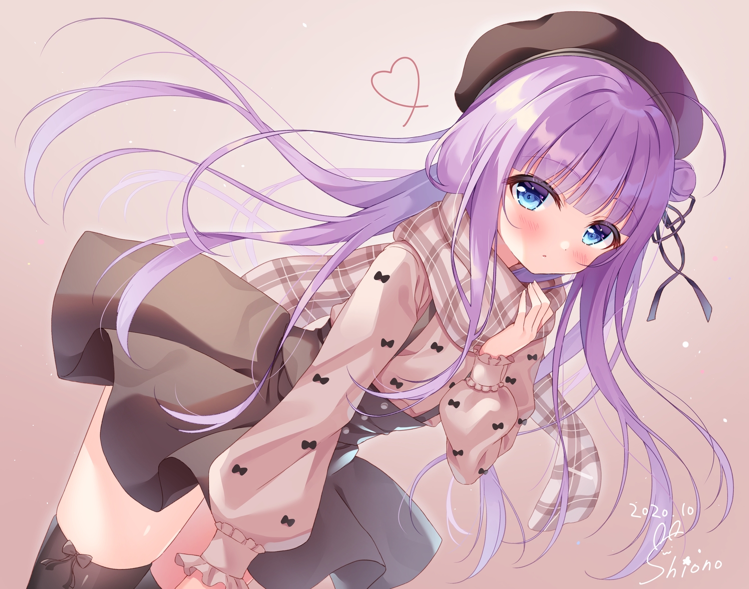 blue_eyes, blush, bow, dress, gradient, hat, heart, long_hair, original, purple_hair, scarf, shiono_(0303), shirt, signed, skirt_lift, thighhighs