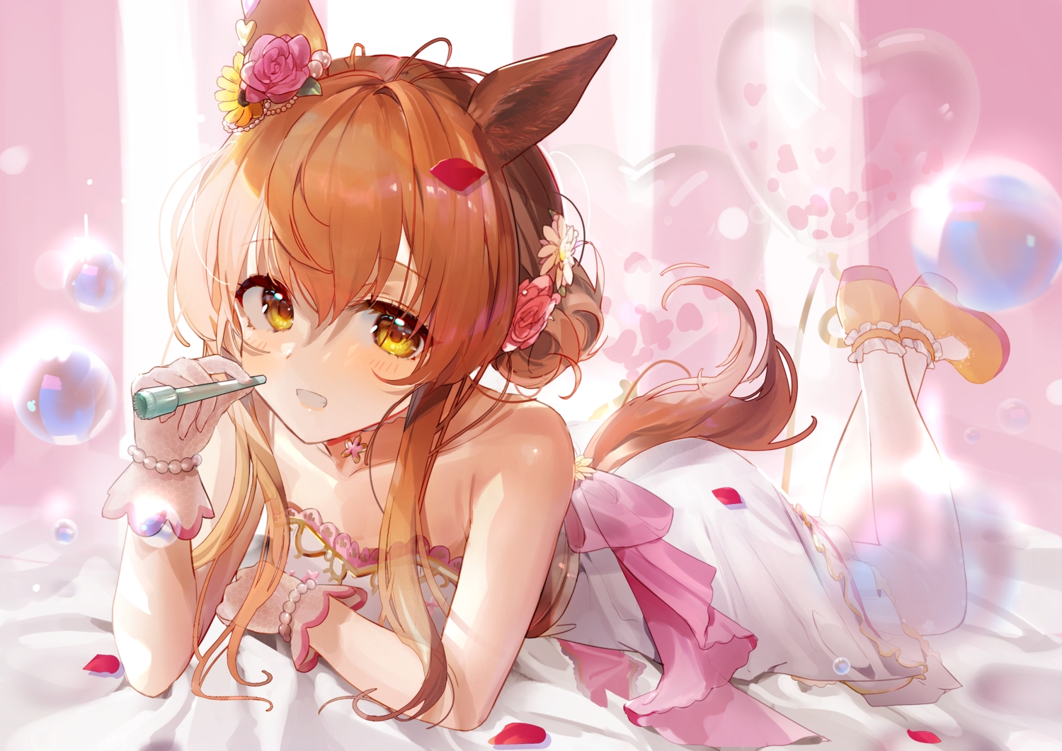 animal_ears, anthropomorphism, bed, brown_hair, bubbles, cbi_cbi, dress, flowers, long_hair, mayano_top_gun_(umamusume), tail, uma_musume:_pretty_derby