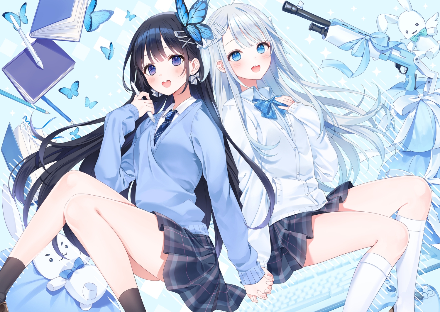 2girls, a20_(atsumaru), amatsuka_uto, aoi_nabi, black_hair, blue_eyes, blush, book, bunny, butterfly, crossover, gray_hair, gun, long_hair, purple_eyes, school_uniform, skirt, skirt_lift, voice-ore, weapon