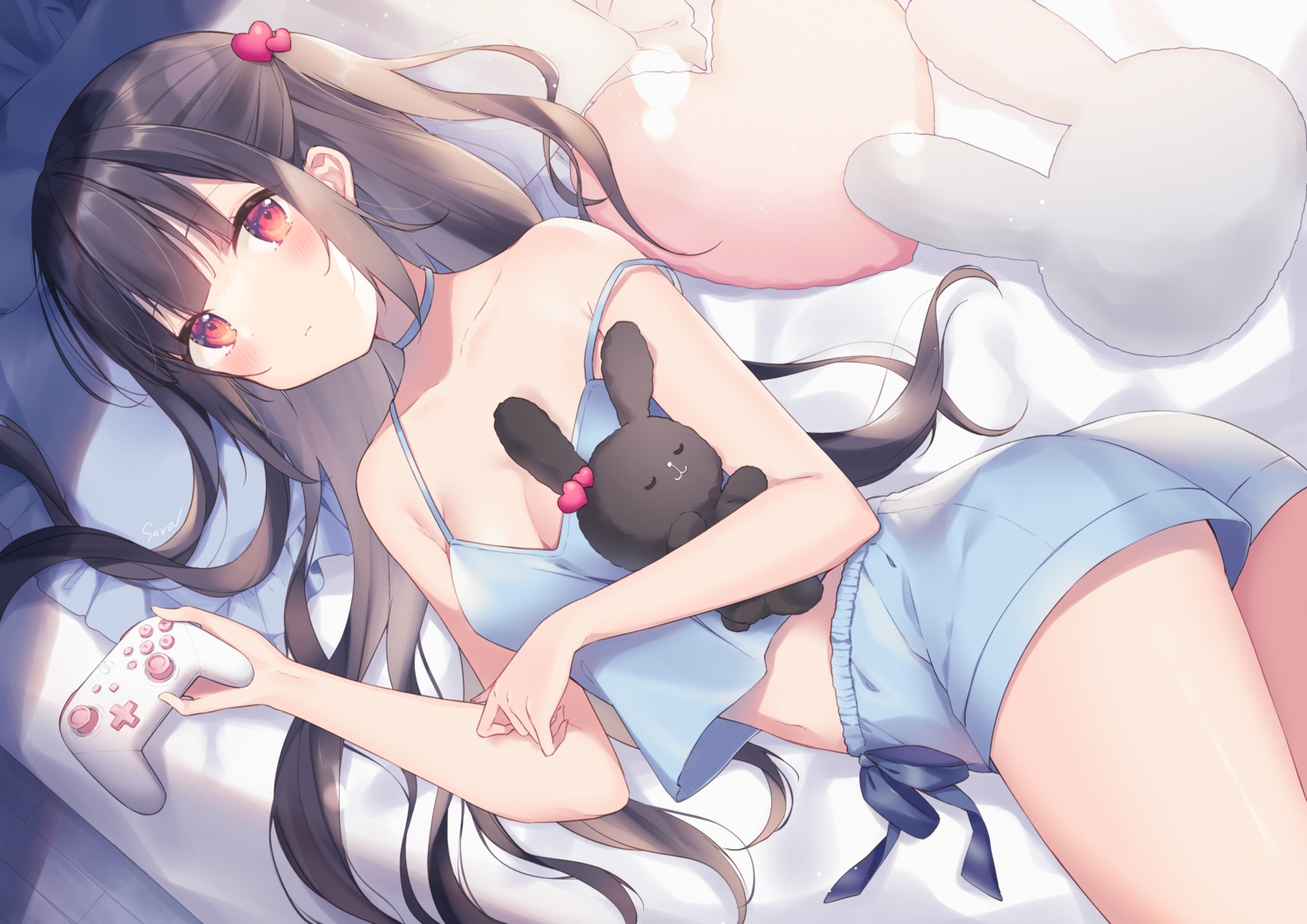 bed, blush, brown_hair, bunny, choker, game_console, long_hair, original