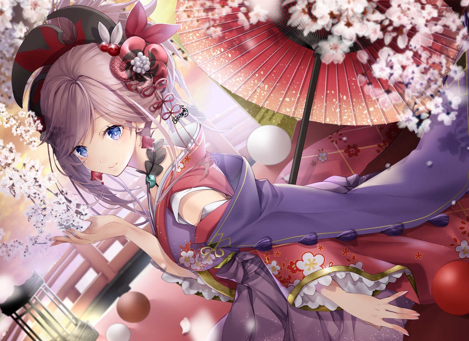 akatsuki_hijiri, aliasing, fate/grand_order, fate_(series), flowers, japanese_clothes, miyamoto_musashi_(fate/grand_order), pink_hair