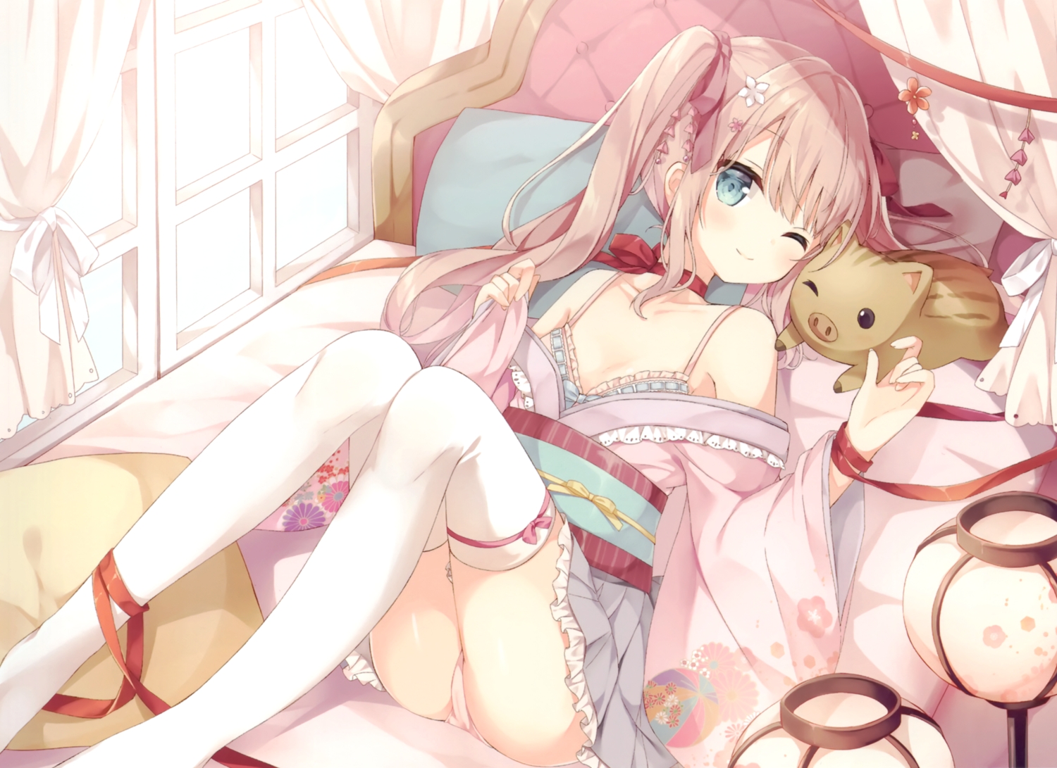 animal, bed, blue_eyes, blush, brown_hair, cropped, hoshi_(snacherubi), japanese_clothes