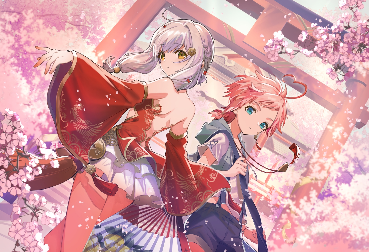 braids, cherry_blossoms, fan, flowers, fu_ji, gray_hair, hayama_eishi, hood, mahjong_soul, male, pink_hair, ponytail, qi_xi, shorts, torii