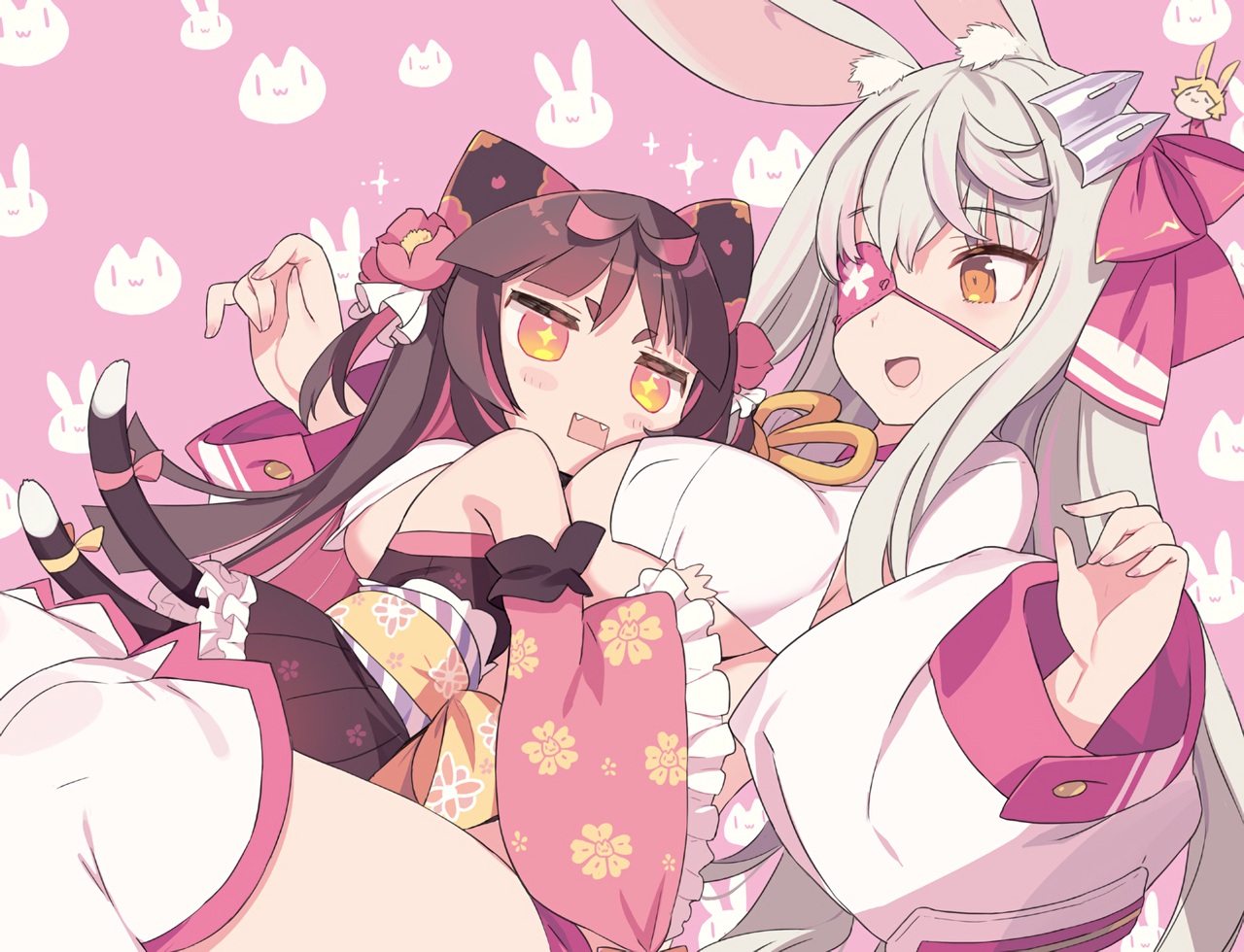 2girls, animal_ears, black_hair, blade_(galaxist), blush, bow, breast_grab, breasts, bunny_ears, bunnygirl, catgirl, eyepatch, fang, gray_hair, hug, japanese_clothes, loli, long_hair, multiple_tails, nekoyama_nae, no_bra, orange_eyes, pink, red_eyes, tail, thighhighs, usamasu, waifu2x