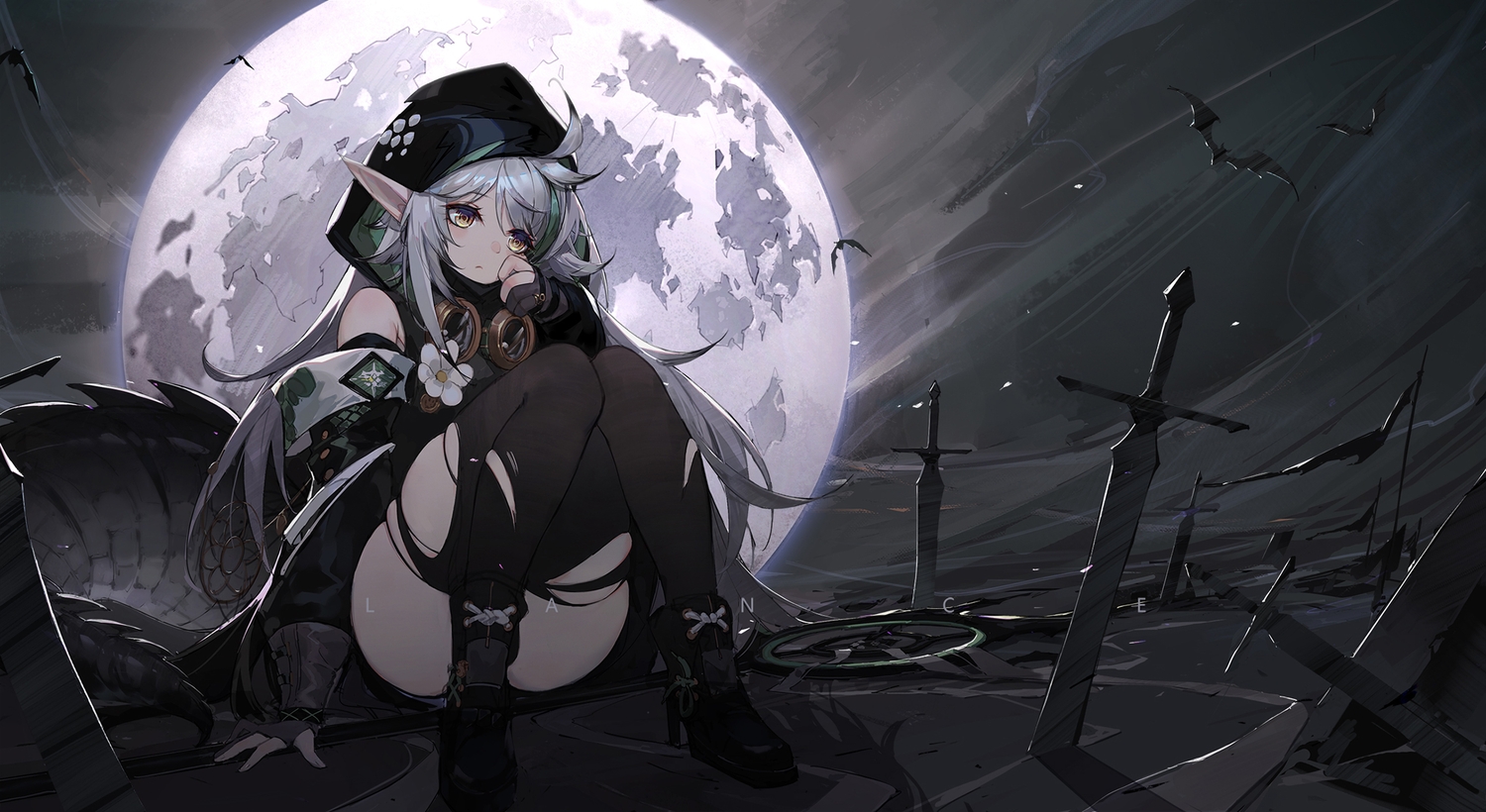 arknights, blush, dark, gloves, goggles, gray_hair, hood, lance_(lancelliu), long_hair, moon, night, pointed_ears, sky, sword, thighhighs, tomimi_(arknights), torn_clothes, watermark, weapon, yellow_eyes