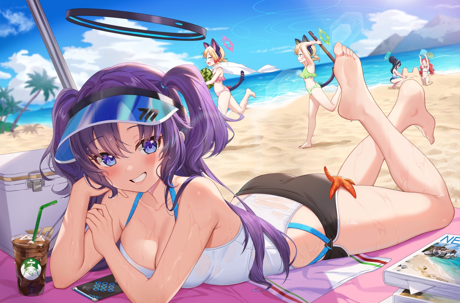 animal_ears, ass, beach, bikini, blonde_hair, blue_archive, book, cape, clouds, drink, food, fruit, halo, hanaoka_yuzu, hayase_yuuka, long_hair, phone, pn_(wnsl216), purple_hair, red_hair, saiba_midori, saiba_momoi, sky, swimsuit, tail, tendou_arisu_(blue_archive), tree, twins, twintails, water, watermelon