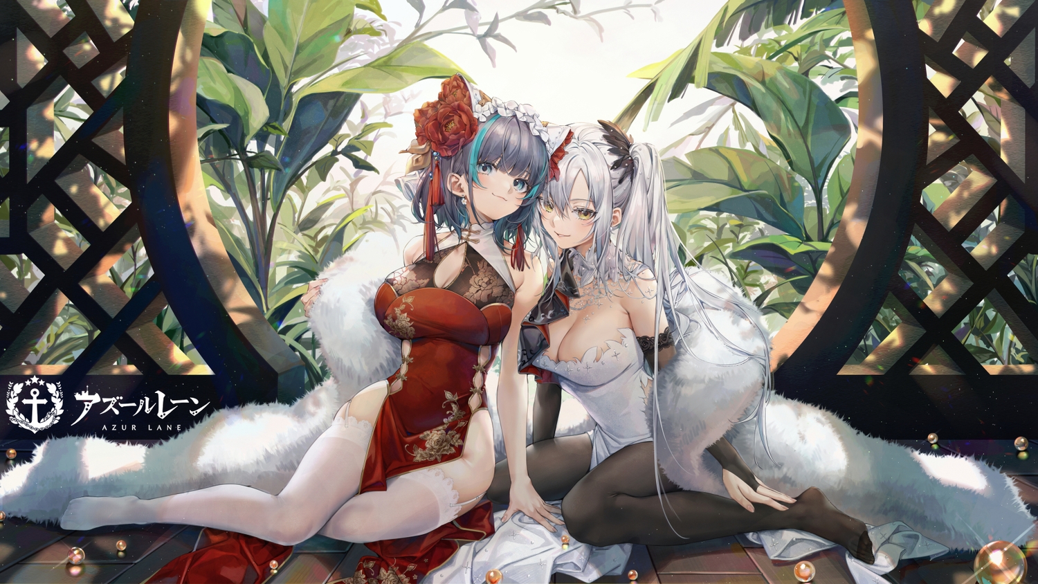 2girls, aliasing, anthropomorphism, aqua_eyes, azur_lane, black_hair, breasts, cheshire_(azur_lane), chinese_clothes, chinese_dress, cleavage, drake_(azur_lane), dress, elbow_gloves, gloves, logo, long_hair, mamemena, pantyhose, thighhighs, yellow_eyes