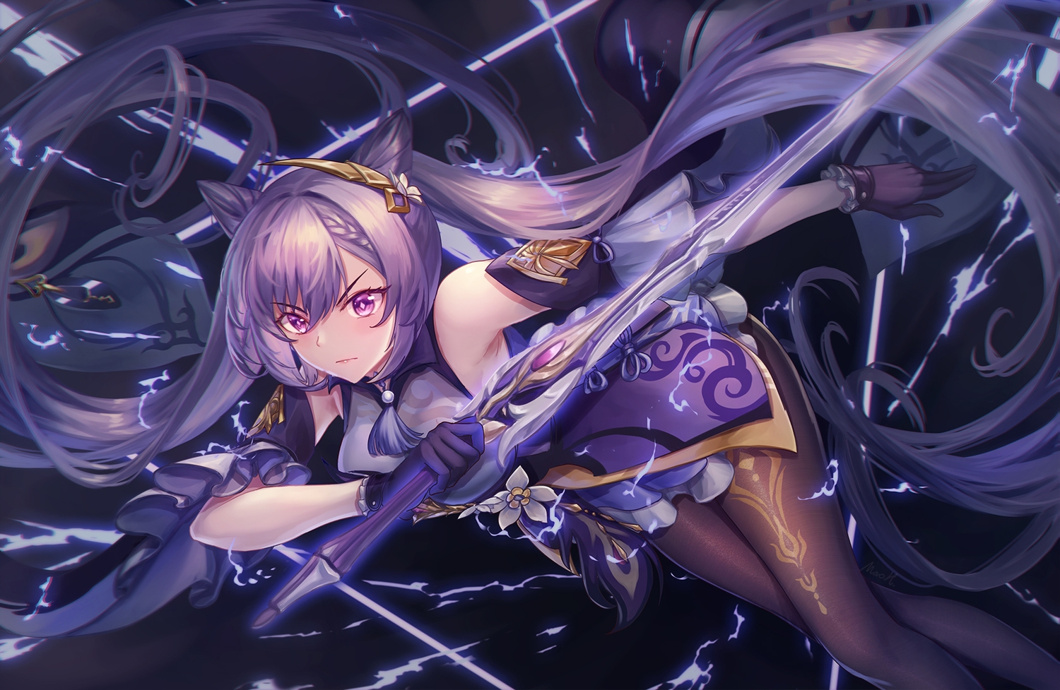 braids, genshin_impact, gloves, keqing_(genshin_impact), long_hair, magic, pantyhose, purple_eyes