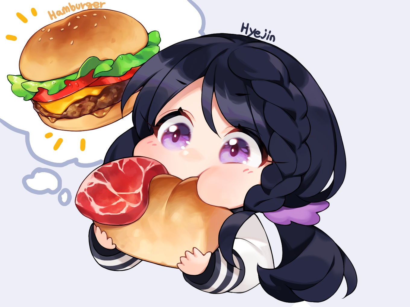 black_hair, black_survival, braids, chibi, close, eternal_return:_black_survival, food, hyejin_(eternal_return)