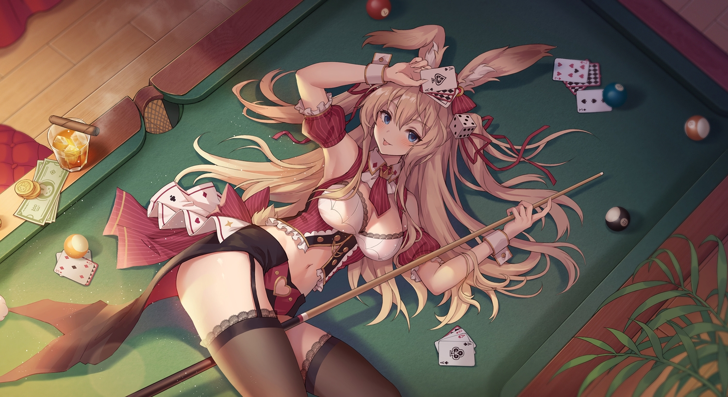 animal_ears, blonde_hair, blue_eyes, blush, breasts, carminar, cleavage, garter_belt, long_hair, mashiro_(red:_pride_of_eden), navel, red:_pride_of_eden, shorts, stockings, tail, zettai_ryouiki