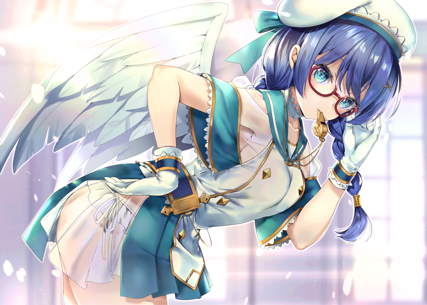 angel, aqua_eyes, blue_eyes, blush, bow, braids, feathers, gabriel_(isepapa)
