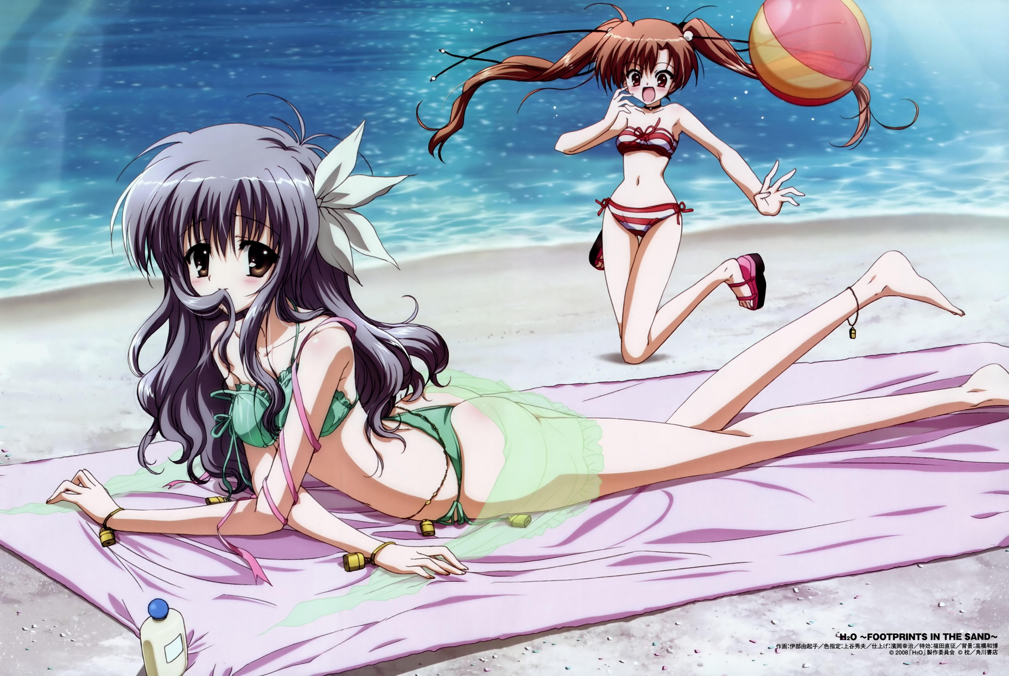 2girls, ball, beach, bikini, h2o_footprints_in_the_sand, scan, swimsuit, tabata_yui, yakumo_hamaji