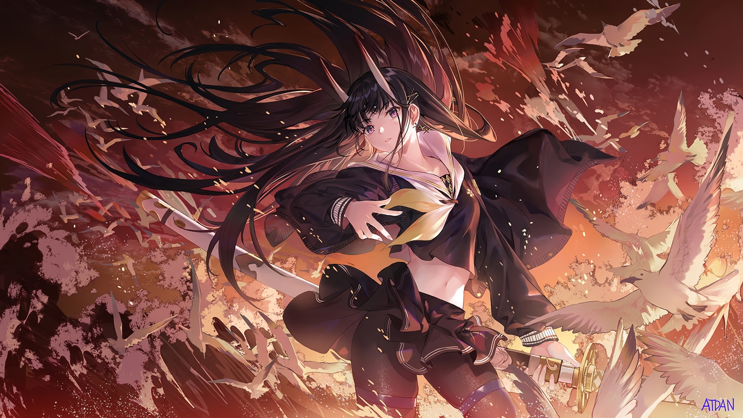 animal, anthropomorphism, atdan, azur_lane, bird, black_hair, clouds, demon