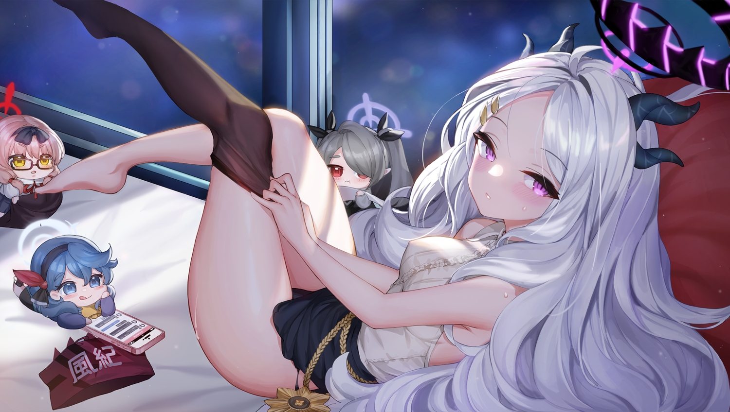 amau_ako, bed, blue_archive, blush, chibi, gray_hair, halo, hinomiya_chinatsu, horns, long_hair, phone, purple_eyes, shiromi_iori, sorasaki_hina, yoruri