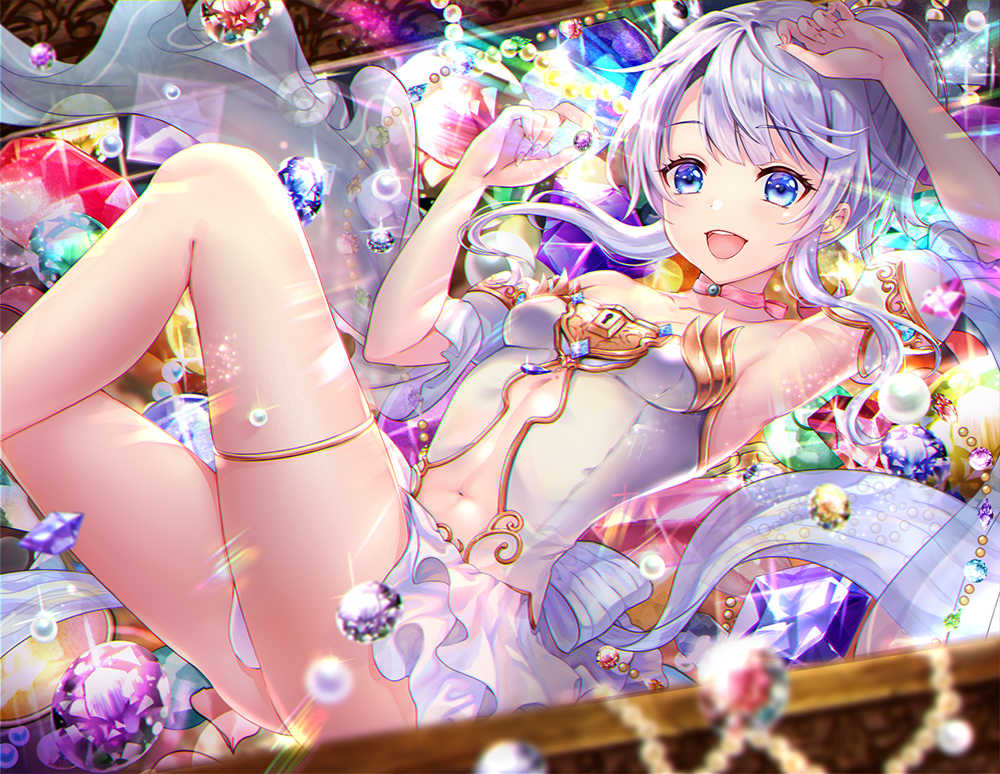 blush, dress, kayoh0731, long_hair, navel, ponytail, purple_hair, shironeko_project, tina_(shironeko_project)