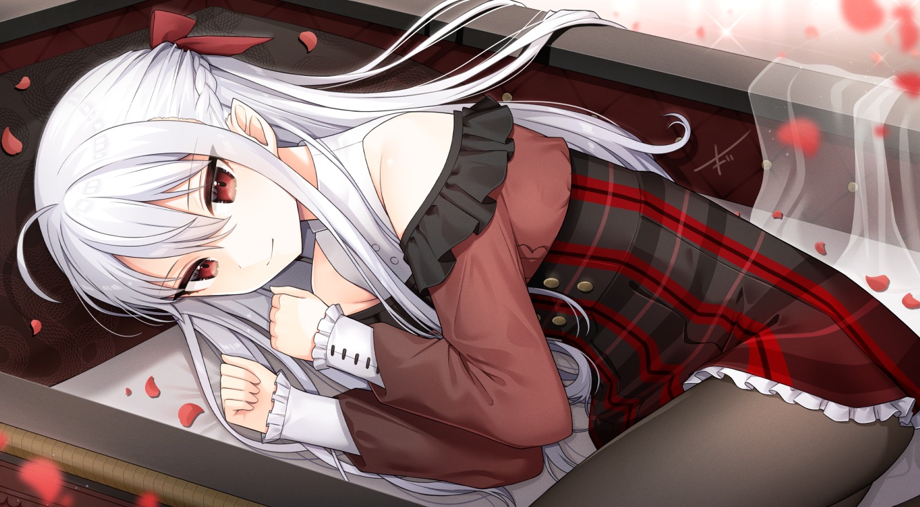 aliasing, braids, dress, konogi_nogi, long_hair, original, pantyhose, pointed_ears, red_eyes, shirt, signed, vampire, white_hair