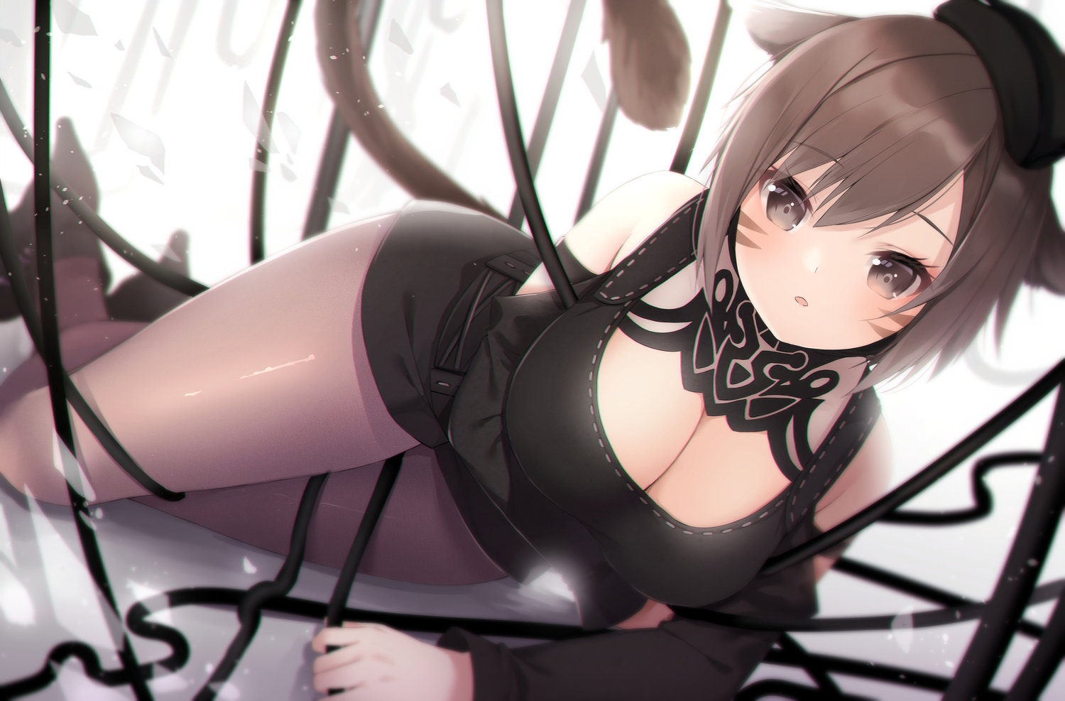 animal_ears, breast_hold, brown_eyes, brown_hair, catgirl, final_fantasy, final_fantasy_xiv, hat