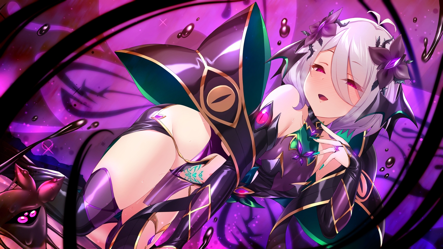 aliasing, demon, dress, elbow_gloves, gloves, gray_hair, leotard, natsume_kokoro