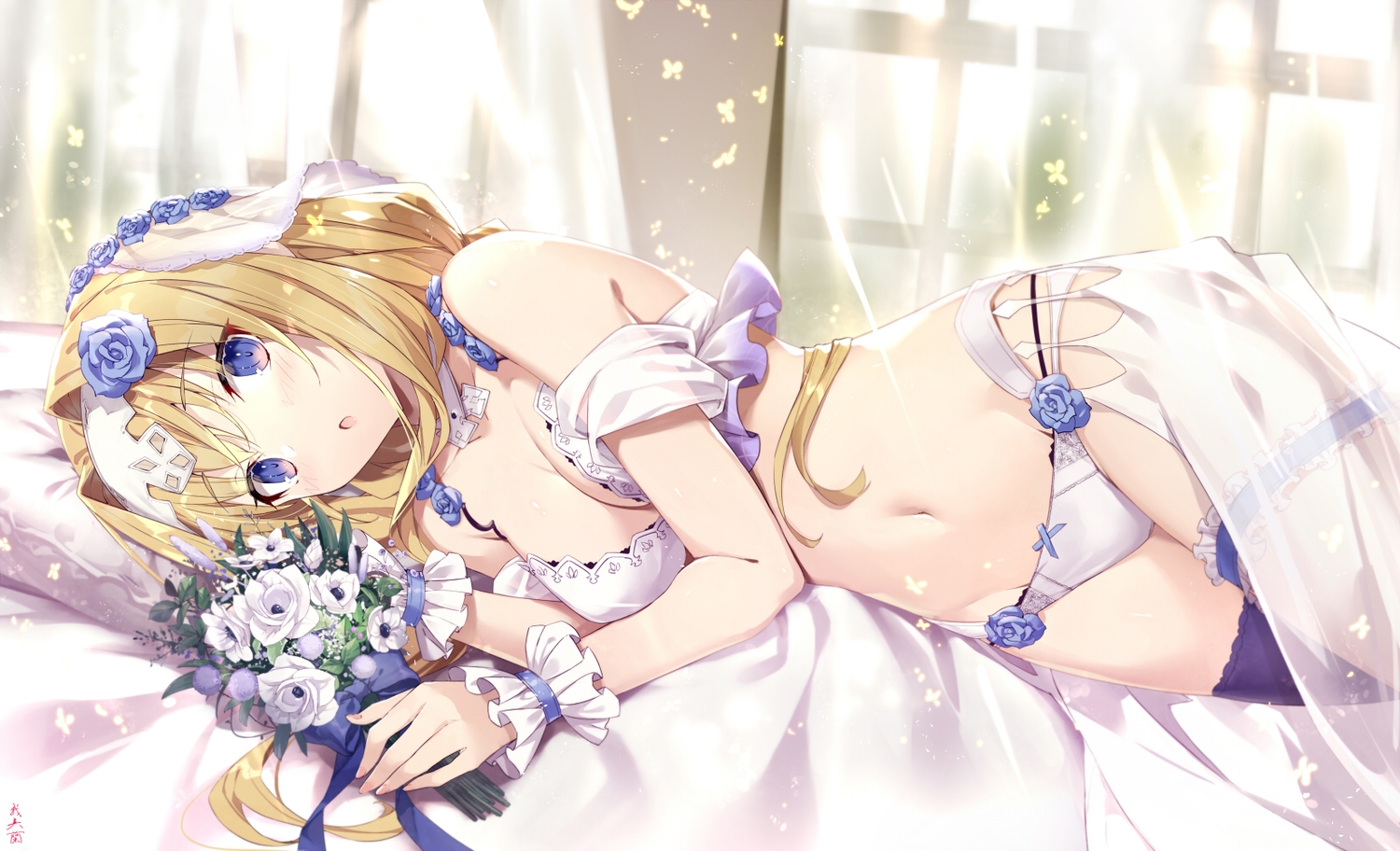 alice_zuberg, bed, blonde_hair, flowers, gabiran, headdress, long_hair, navel, panties, purple_eyes, signed, sword_art_online, thighhighs, underwear