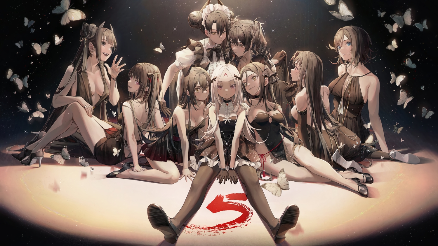agent_(girls_frontline), aliasing, architect_(girls_frontline), breasts, brown_eyes, brown_hair, cleavage, dreamer_(girls_frontline), dress, elisa_(girls_frontline), executioner_(girls_frontline), girls_frontline, gradient, group, headband, intruder_(girls_frontline), judge_(girls_frontline), long_hair, maid, mamemena, no_bra, ouroboros_(girls_frontline), pantyhose, polychromatic, purple_eyes, scarecrow_(girls_frontline), short_hair, twintails, white_hair