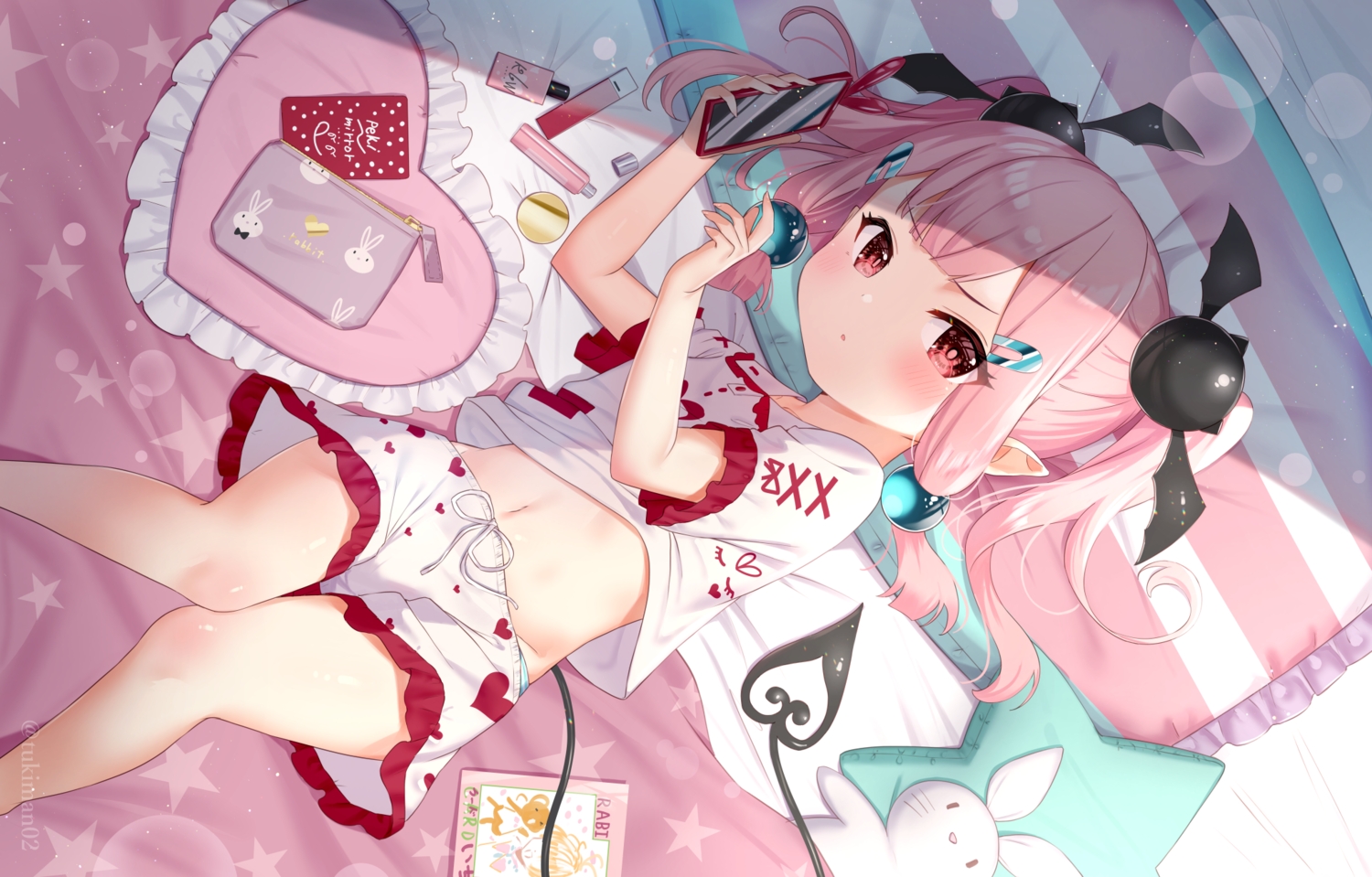 bed, blush, book, loli, navel, original, pajamas, phone
