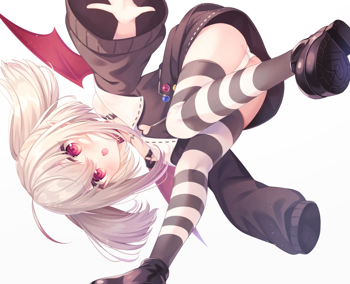 ass, boots, collar, cropped, demon, dress, fang, gray_hair