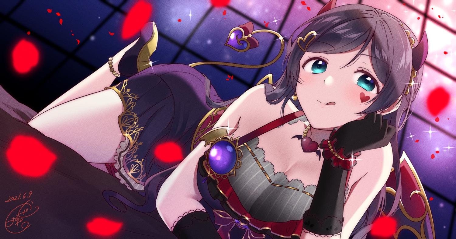aqua_eyes, dress, gloves, horns, kazehana_(spica), long_hair, love_live!_school_idol_project, necklace