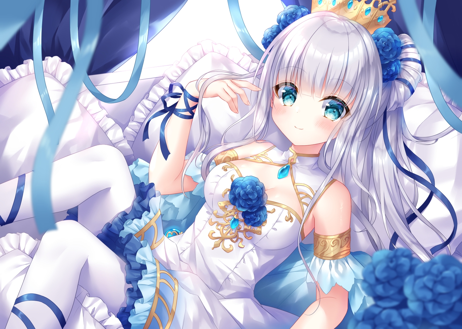 alceria_(isepapa), aqua_eyes, blush, crown, dress, flowers, gray_hair, isekai_no_papa