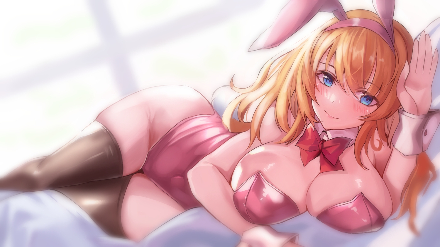 animal_ears, blue_eyes, blush, bow, breasts, bunny_ears, bunnygirl, cleavage, headband, hell2_(ses0297), leotard, no_bra, orange_hair, original, thighhighs