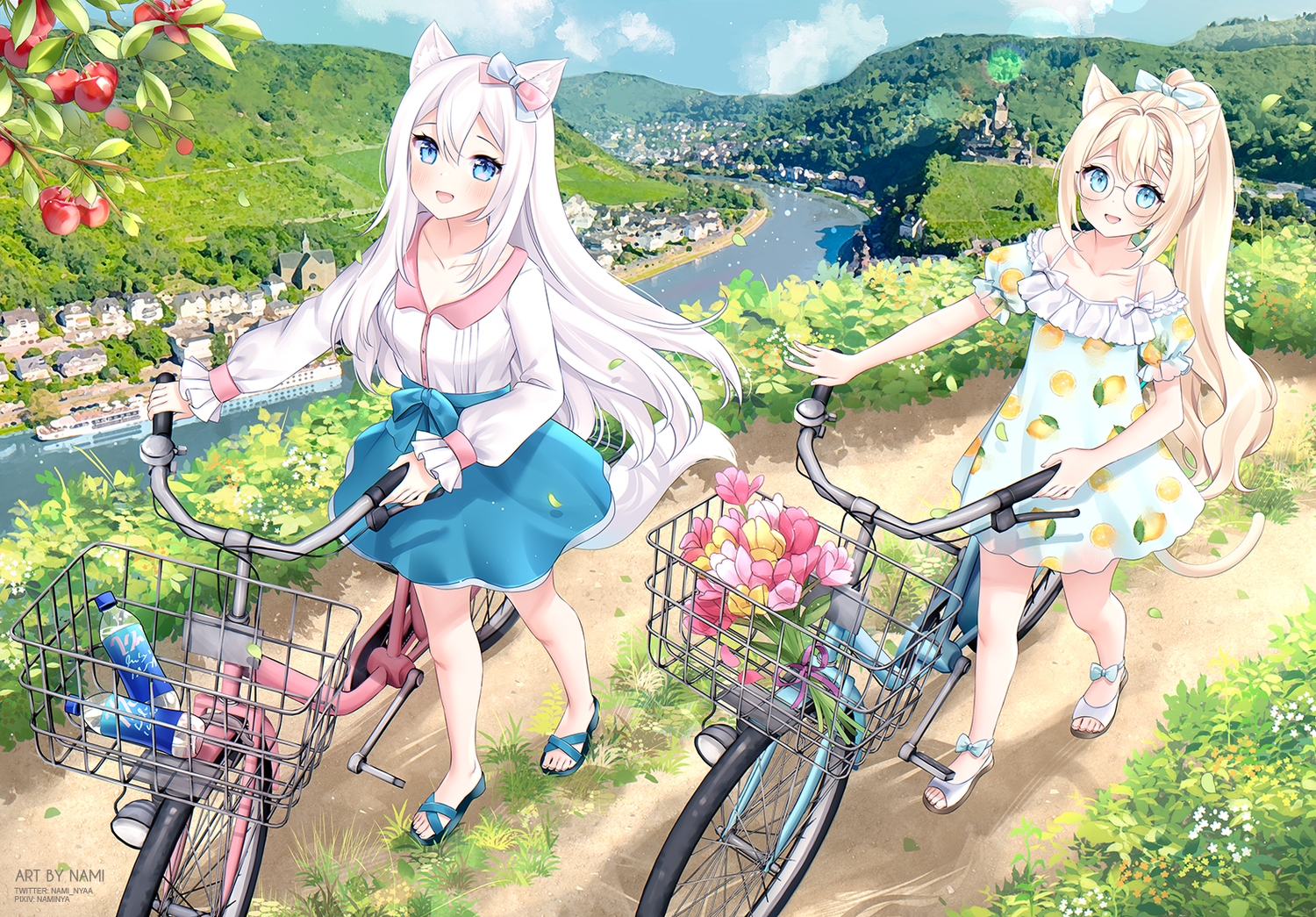 2girls, animal_ears, aqua_eyes, bicycle, blonde_hair, blush, bow, catgirl