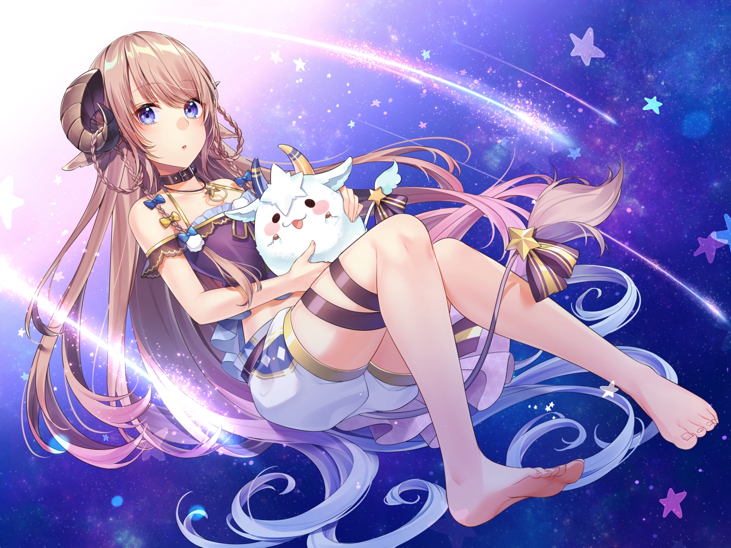 animal_ears, barefoot, blue_eyes, blush, bow, braids, brown_hair, collar, flat_chest, garter, gradient, horns, indie_virtual_youtuber, kitazume_kumie, nanase_subaru_(vtuber), necklace, shorts, stars, tail