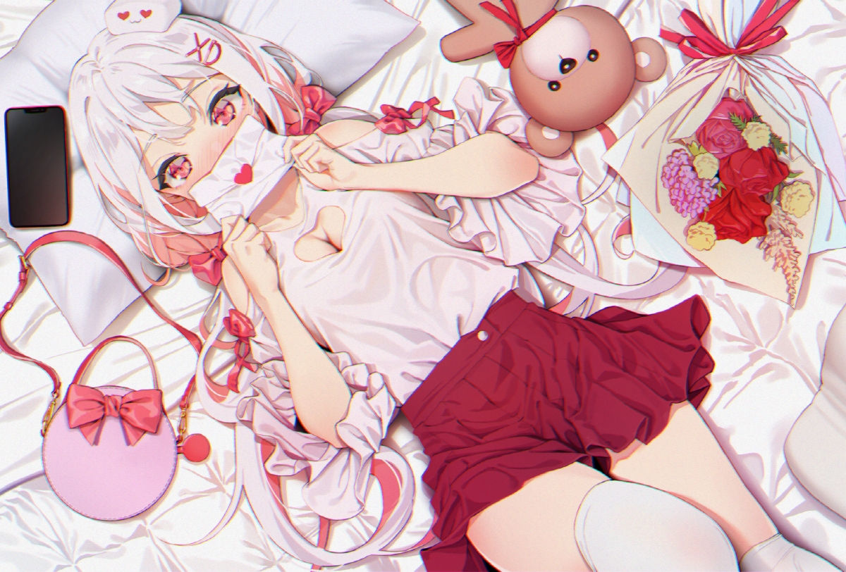 agnamore, bed, blush, bow, breasts, cleavage, flowers, gray_hair