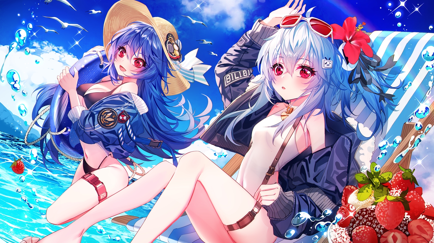 2girls, animal, baocaizi, bikini, bili_bili_douga, bili_girl_22, bili_girl_33, bird, blue_hair, blush, clouds, flowers, food, fruit, gray_hair, hat, navel, red_eyes, sky, strawberry, sunglasses, swimsuit, water