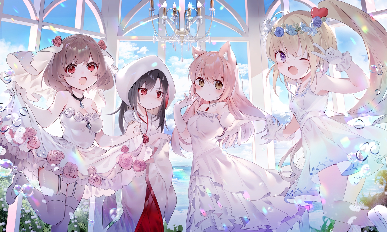 aliasing, amafuyu, animal_ears, black_hair, blonde_hair, blush, brown_hair, bubbles