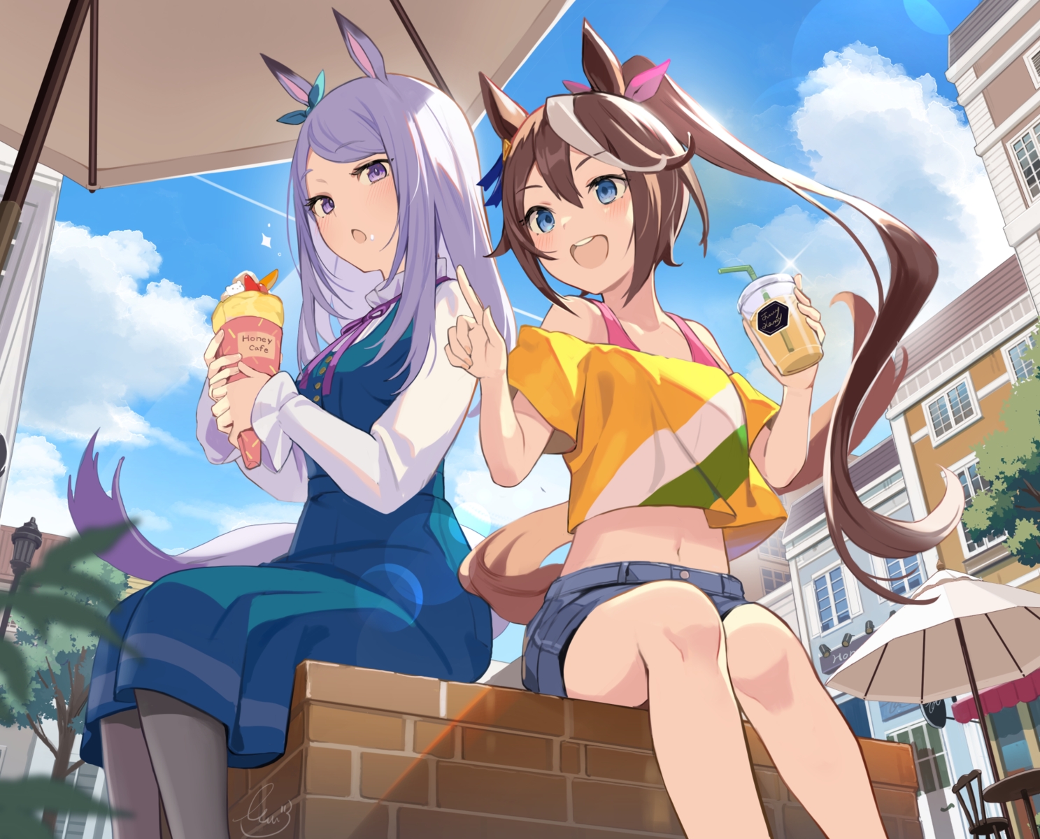 2girls, animal_ears, anthropomorphism, blue_eyes, blush, bow, brown_hair, building
