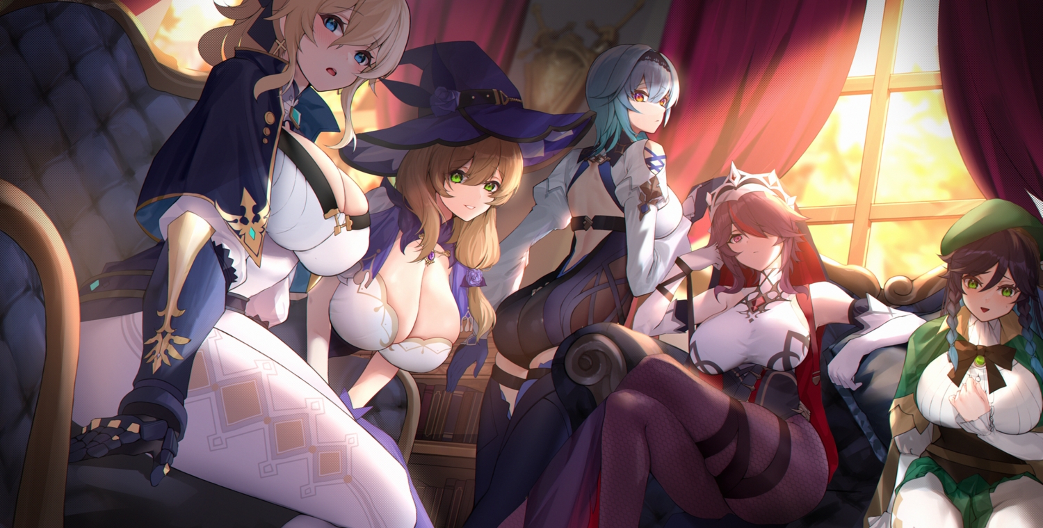 ass, blue_eyes, breast_hold, breasts, brown_hair, cleavage, eula_lawrence, genshin_impact, green_eyes, hat, headband, headdress, jean_gunnhildr, lisa_minci, long_hair, nun, ponytail, purple_hair, rosaria_(genshin_impact), venti_(genshin_impact), witch_hat, xiujia_yihuizi