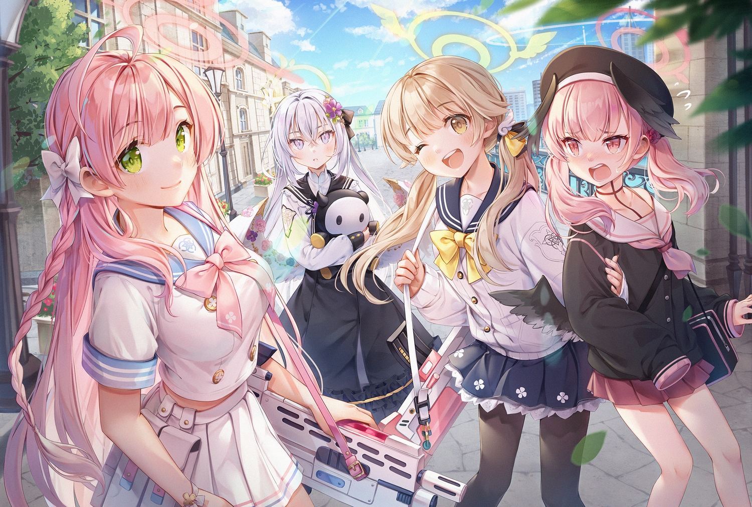 ajitani_hifumi, blonde_hair, blue_archive, bow, braids, brown_hair, building, clouds, gray_hair, green_eyes, group, gun, halo, hat, ika_(4801055), leaves, long_hair, pantyhose, pink_hair, school_uniform, shimoe_koharu, shirasu_azusa, skirt, sky, twintails, urawa_hanako, weapon, wings, wink