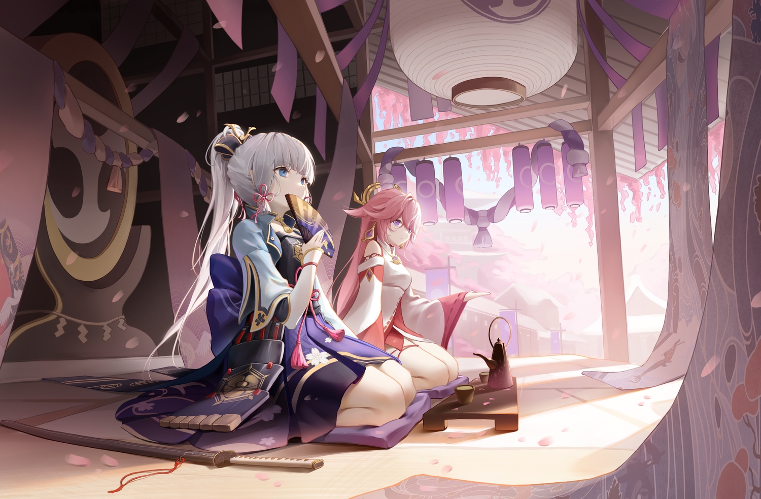 2girls, animal_ears, blue_eyes, cherry_blossoms, drink, fan, flowers, foxgirl, genshin_impact, gray_hair, kamisato_ayaka, long_hair, pink_hair, ponytail, purple_eyes, river_(river_ga), sword, weapon, yae_miko