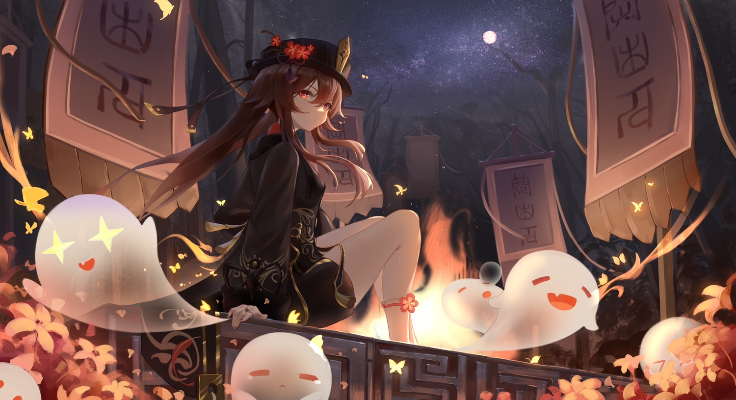 brown_hair, butterfly, flowers, genshin_impact, hat, hu_tao_(genshin_impact), long_hair, moon, night, red_eyes, river_(river_ga), sky, stars