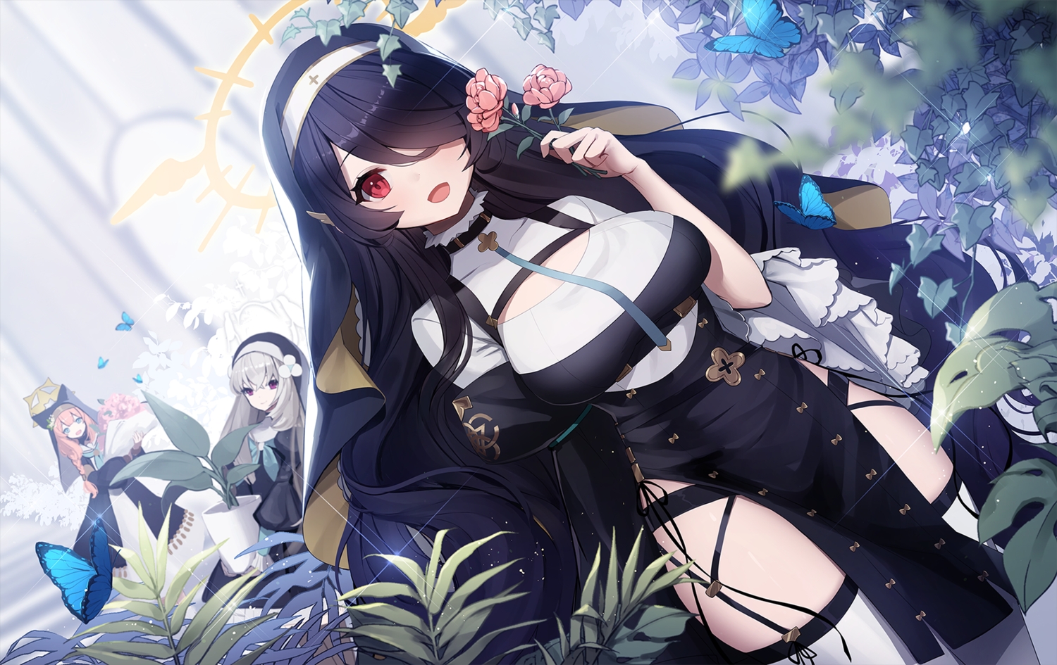 animal_ears, ankkoyom, blue_archive, blush, butterfly, catgirl, flowers, gray_hair, headband, headdress, iochi_mari, long_hair, nun, purple_eyes, red_eyes, thighhighs, utazumi_sakurako, wakabe_hinata