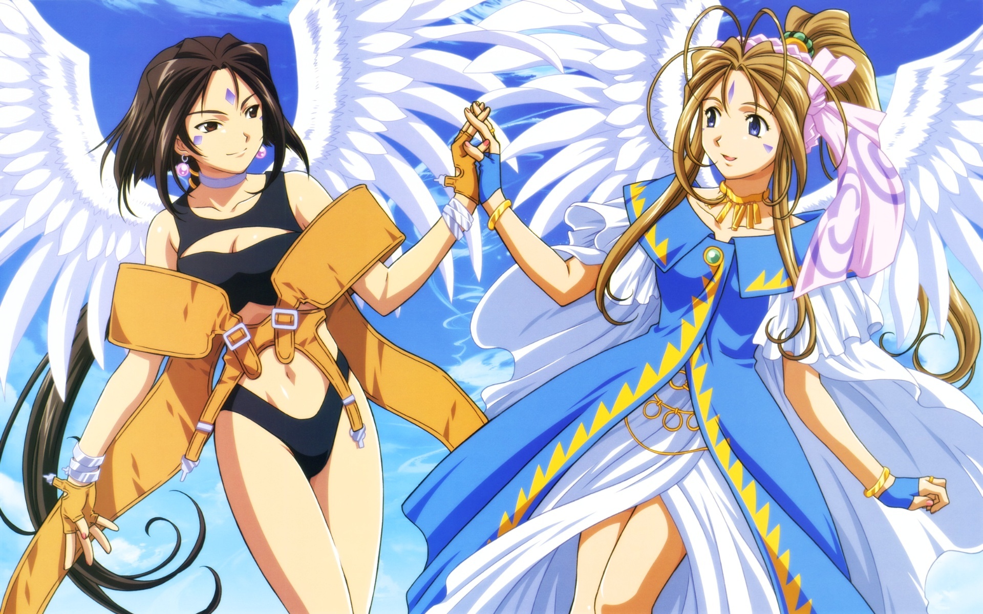 aa_megami-sama, belldandy, black_hair, blue_eyes, brown_eyes, brown_hair, feathers, gloves