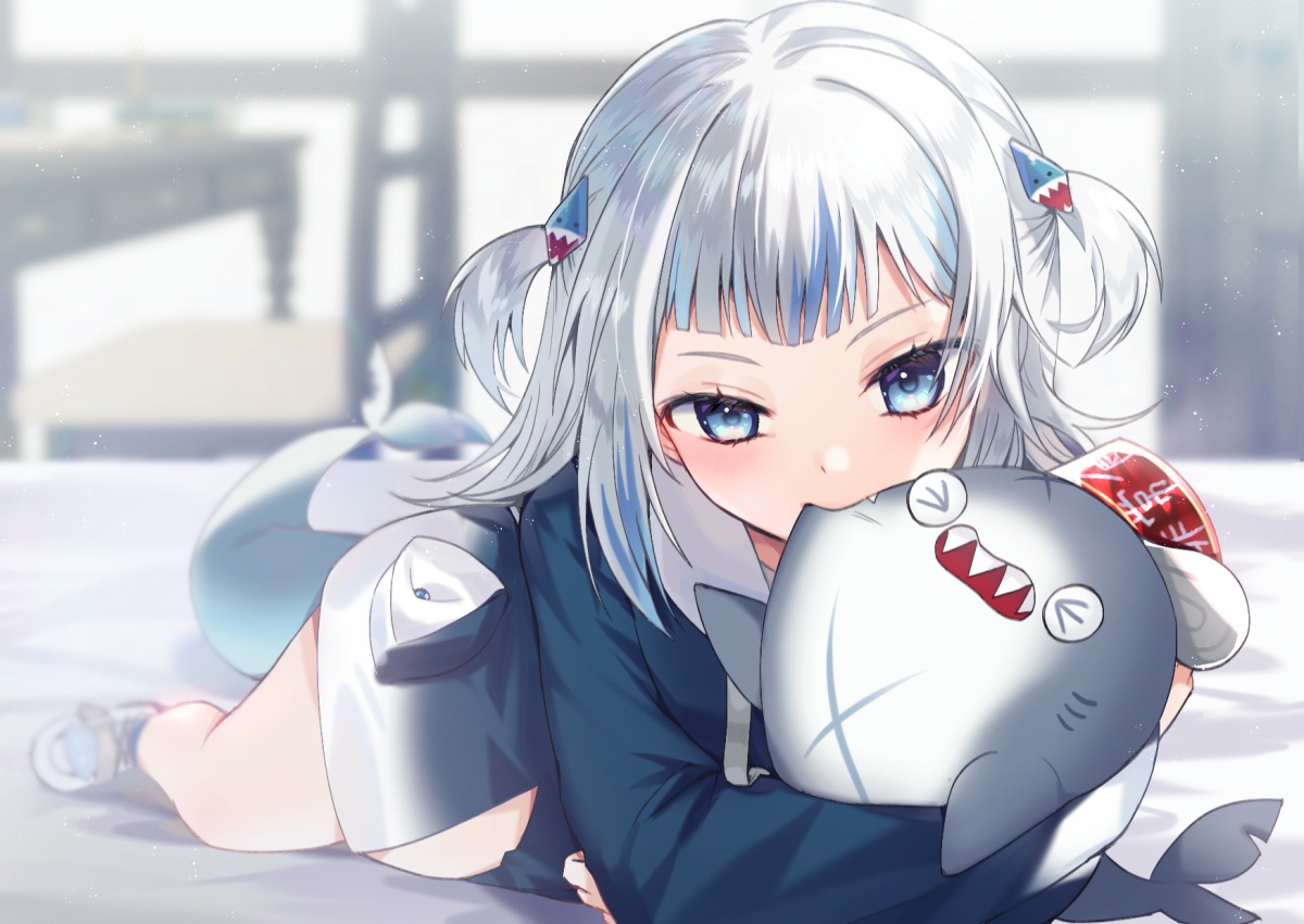 blue_eyes, blush, dabi_(dabibubi), fang, gawr_gura, gray_hair, hololive, hood