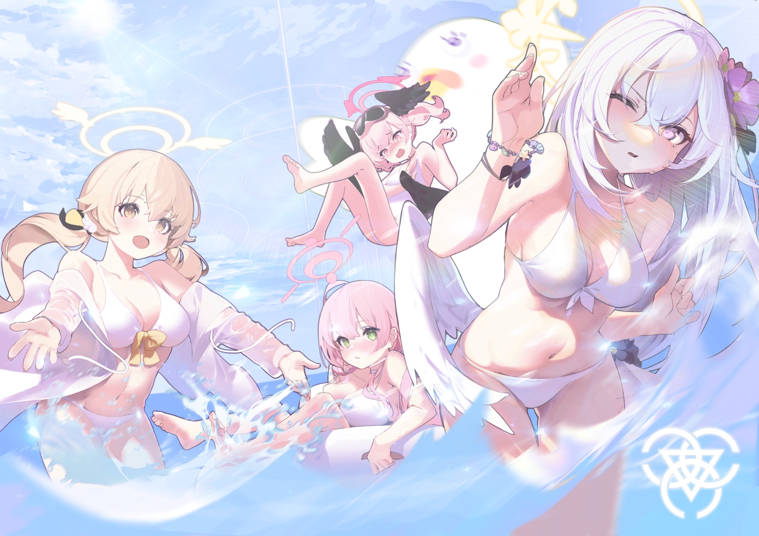 ajitani_hifumi, amejaga, bikini, blue_archive, brown_eyes, clouds, flowers, gray_hair, green_eyes, halo, long_hair, pink_hair, purple_eyes, shimoe_koharu, shirasu_azusa, sky, swim_ring, swimsuit, twintails, urawa_hanako, water, wings, wink
