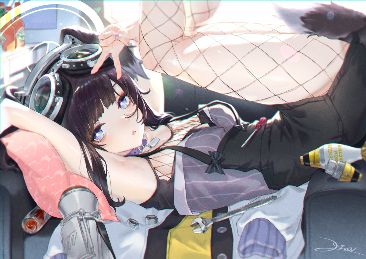 2wa_(jbum99), animal_ears, blue_archive, collar, doggirl, drink, goggles, halo, long_hair, nekozuka_hibiki, purple_eyes, purple_hair, signed, tail