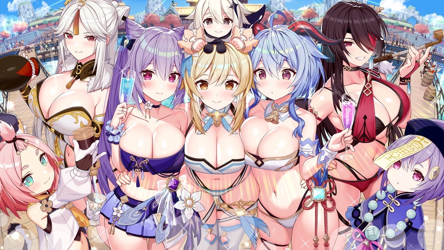 akusema, albedo_(genshin_impact), amber_(genshin_impact), barbara_pegg, beidou_(genshin_impact), bennett_(genshin_impact), bikini, blonde_hair, blue_hair, blush, brown_eyes, chongyun_(genshin_impact), clouds, dainsleif_(genshin_impact), diluc_ragnvindr, diona_(genshin_impact), drink, eula_lawrence, eyepatch, fischl_(genshin_impact), ganyu_(genshin_impact), genshin_impact, gray_hair, group, guoba_(genshin_impact), hat, horns, hu_tao_(genshin_impact), jean_gunnhildr, kaeya_alberich, keqing_(genshin_impact), klee_(genshin_impact), lisa_minci, loli, lumine_(genshin_impact), male, mona_megistus, navel, ningguang_(genshin_impact), no_bra, noelle_(genshin_impact), paimon_(genshin_impact), pink_hair, purple_eyes, purple_hair, qiqi_(genshin_impact), razor_(genshin_impact), red_eyes, sky, sucrose_(genshin_impact), swimsuit, tail, tartaglia_(genshin_impact), thighhighs, twintails, venti_(genshin_impact), water, xiangling_(genshin_impact), xiao_(genshin_impact), xingqiu_(genshin_impact), xinyan_(genshin_impact), yanfei_(genshin_impact), zhongli_(genshin_impact)