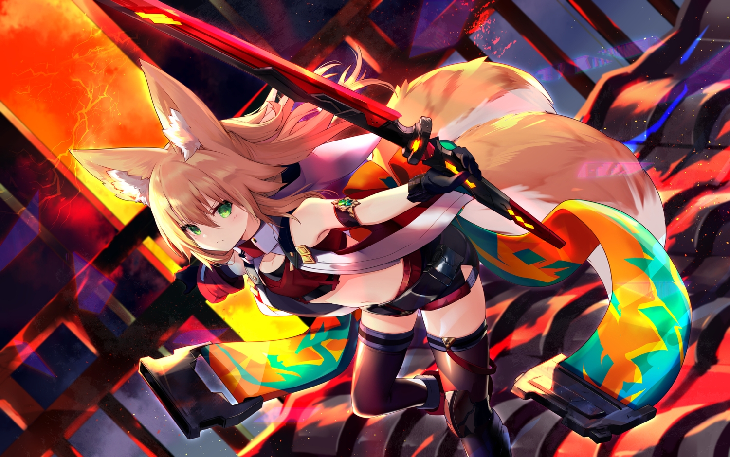 animal_ears, armor, blonde_hair, boots, cape, flat_chest, foxgirl, gloves